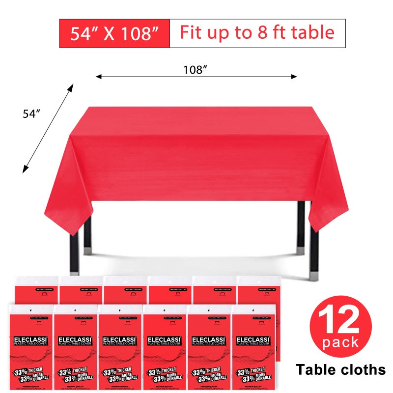 Eleclassi Red 12 Pack Premium Disposable Plastic Tablecloth 54 x 108 in - Plastic Table Cloth Disposable Tablecloth for Rectangle Table Up to 8 Feet - Image 2